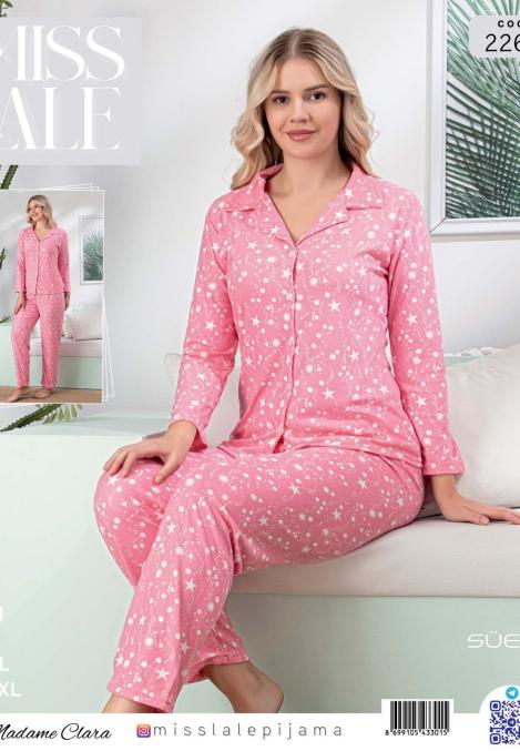 Pijama damă din suet roz, cu nasturi și imprimeu cu steluțe, En-gros